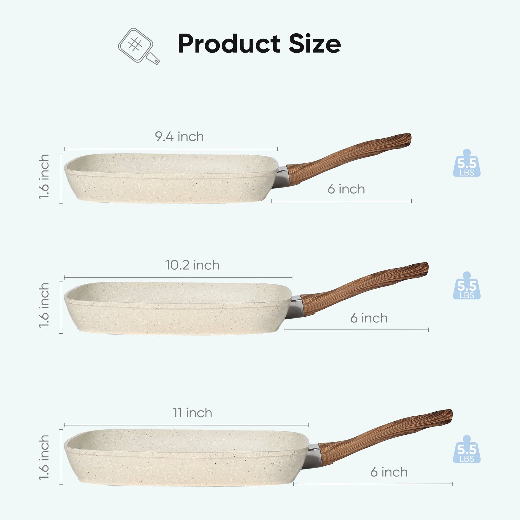 StockMAX Nonstick Cookware Set, Square Frying Pan Set with Wooden Handle