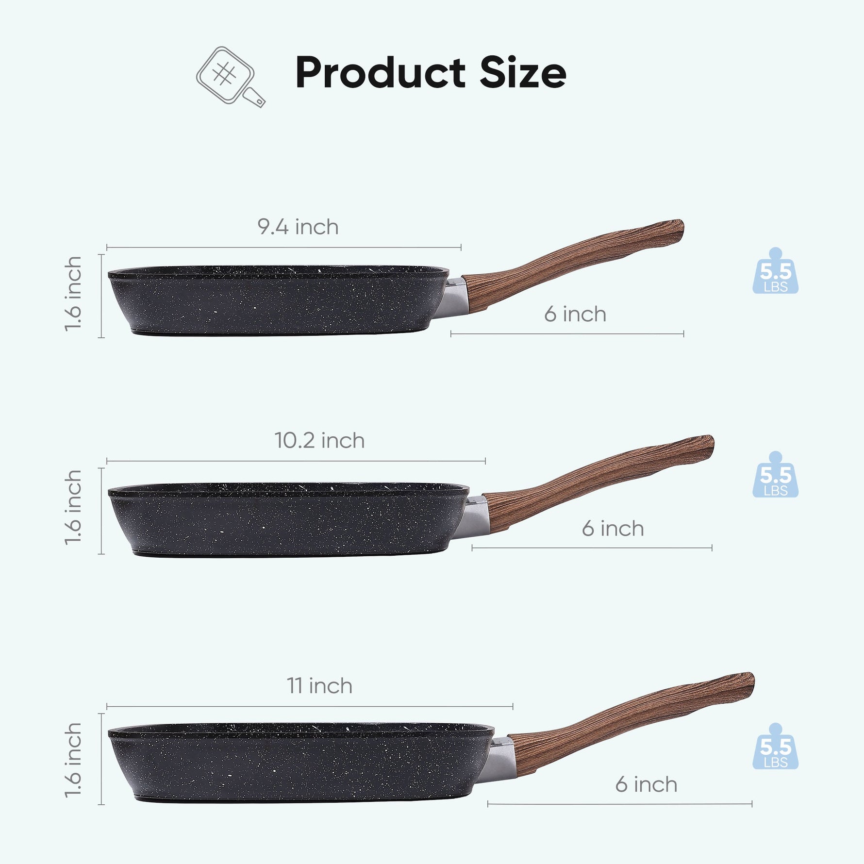 StockMAX Nonstick Cookware Set, Square Frying Pan Set with Wooden Handle