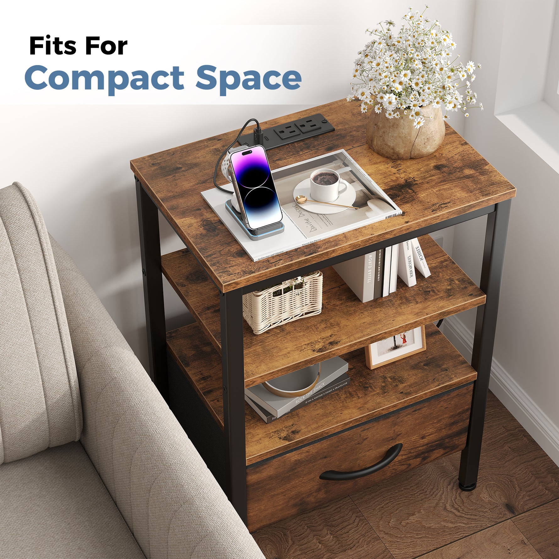 StockMAX Modern Nightstand with Power Outlets and Fabric Drawer