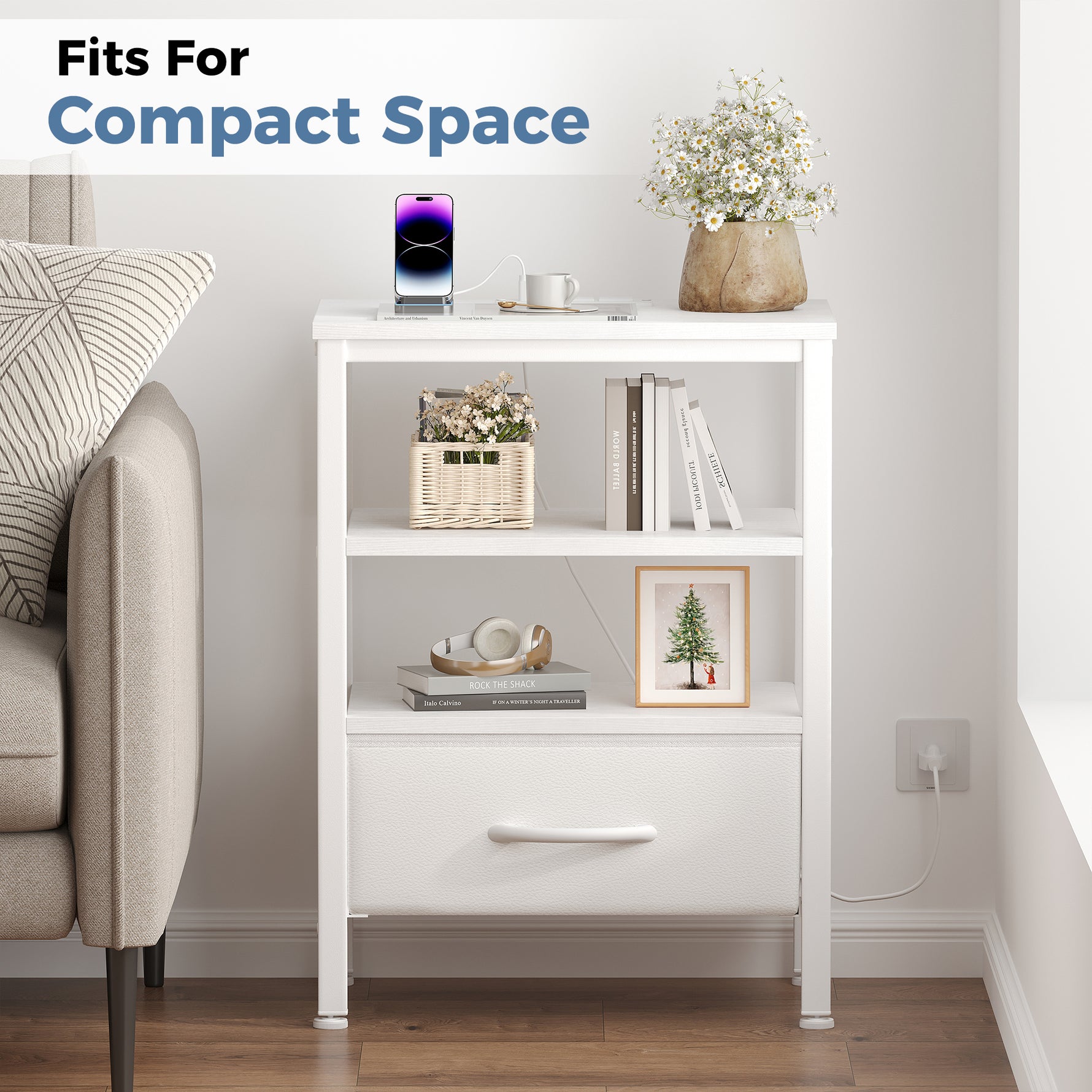 StockMAX Modern Nightstand with Power Outlets and Fabric Drawer