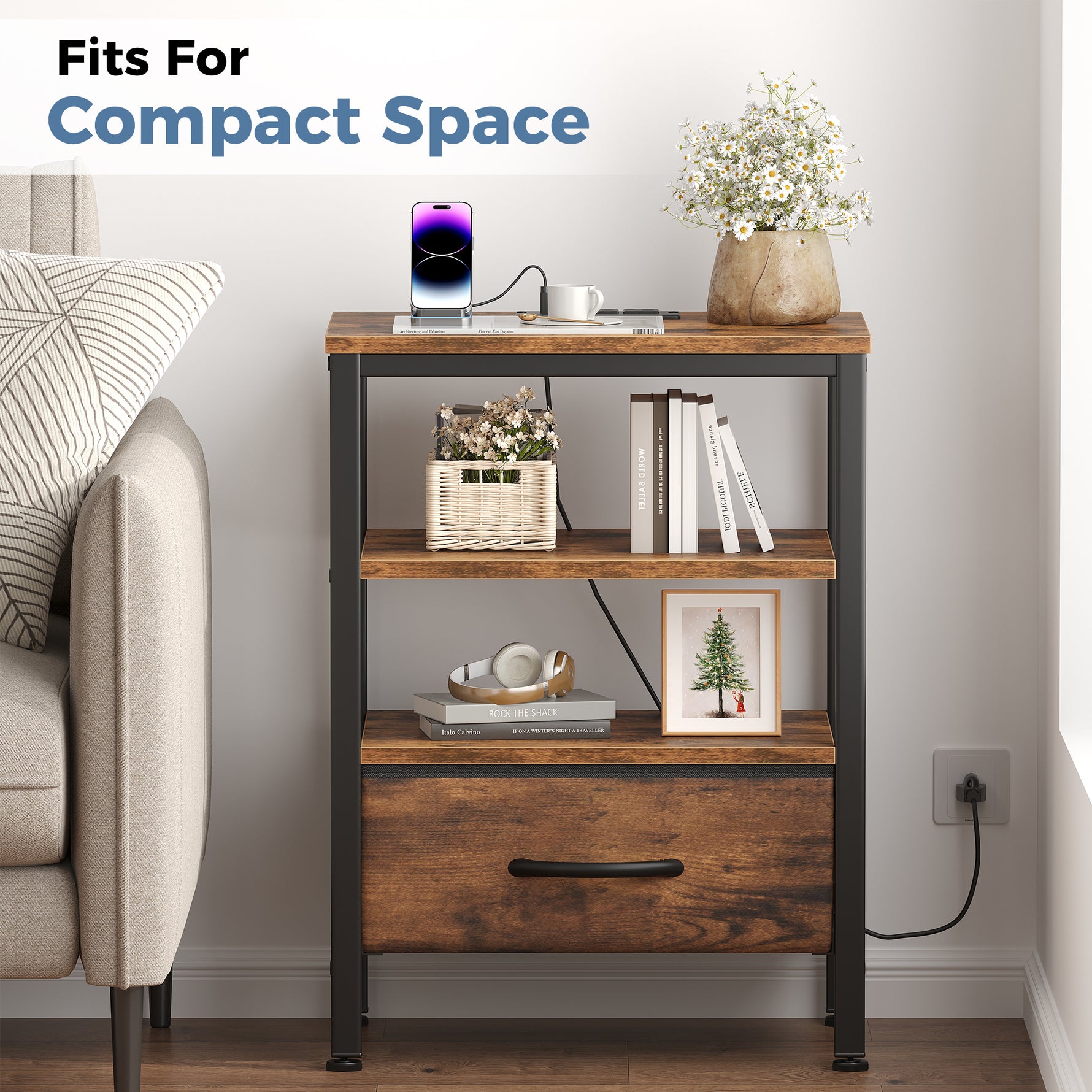 StockMAX Modern Nightstand with Power Outlets and Fabric Drawer