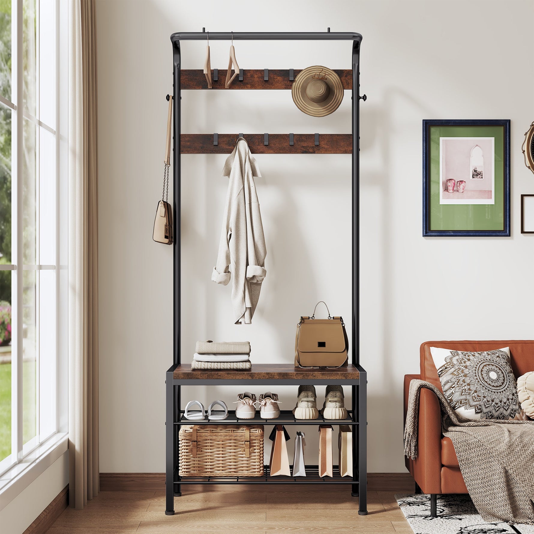StockMAX Modern Coat Rack with Shoe Bench, Hall Tree for Living Room