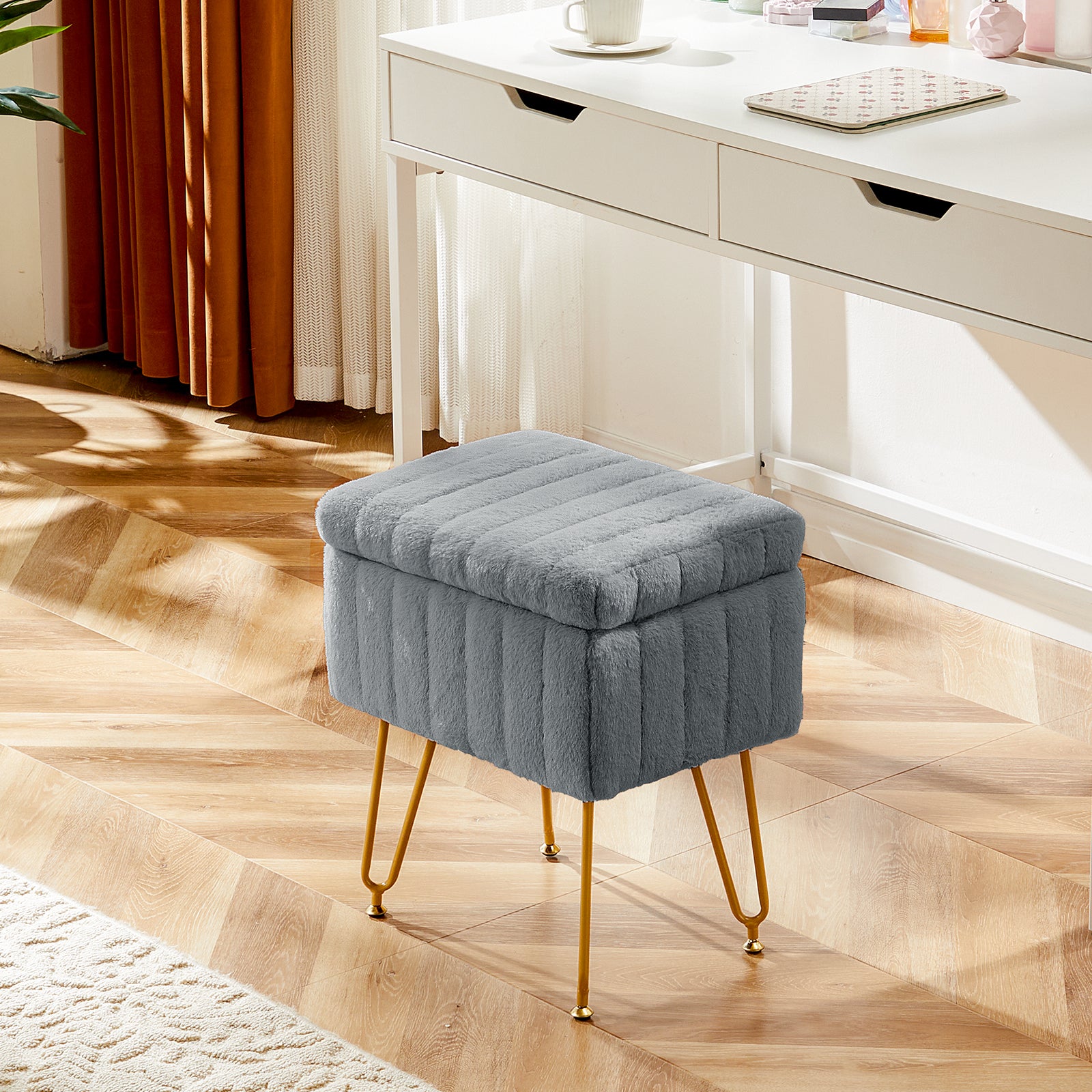 StockMAX Vanity Stool Chair with Storage and Adjustable Metal Feet