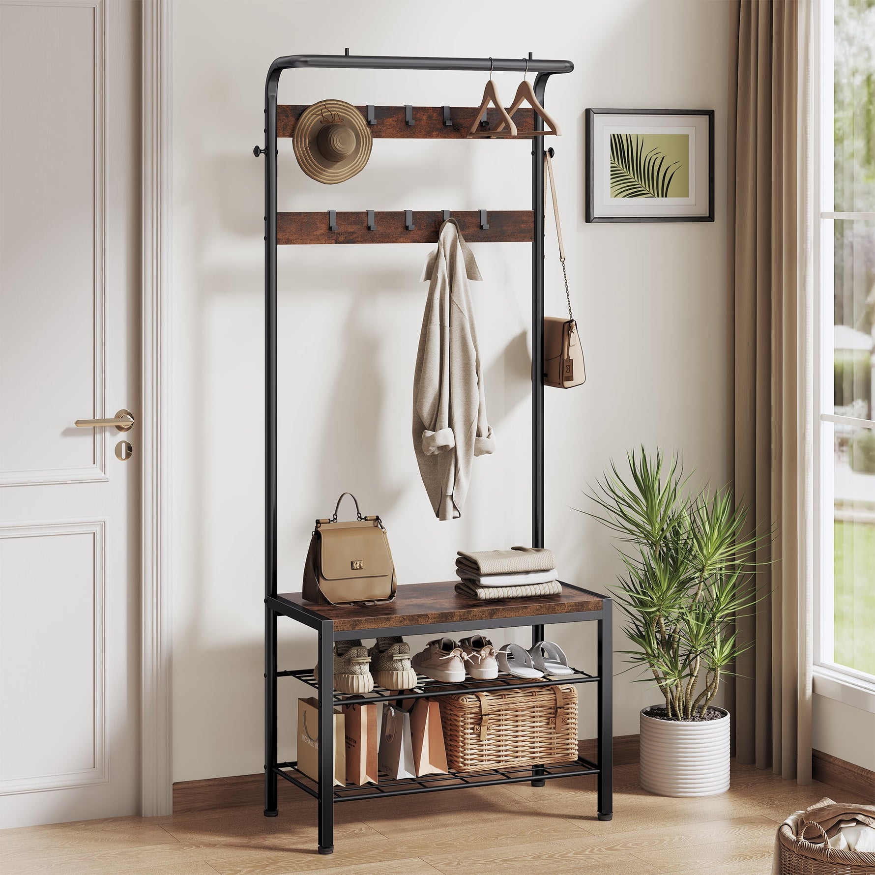 StockMAX Modern Coat Rack with Shoe Bench, Hall Tree for Living Room