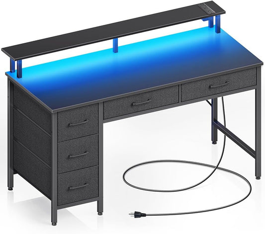 Computer Desk with Power Outlets &amp; LED Light