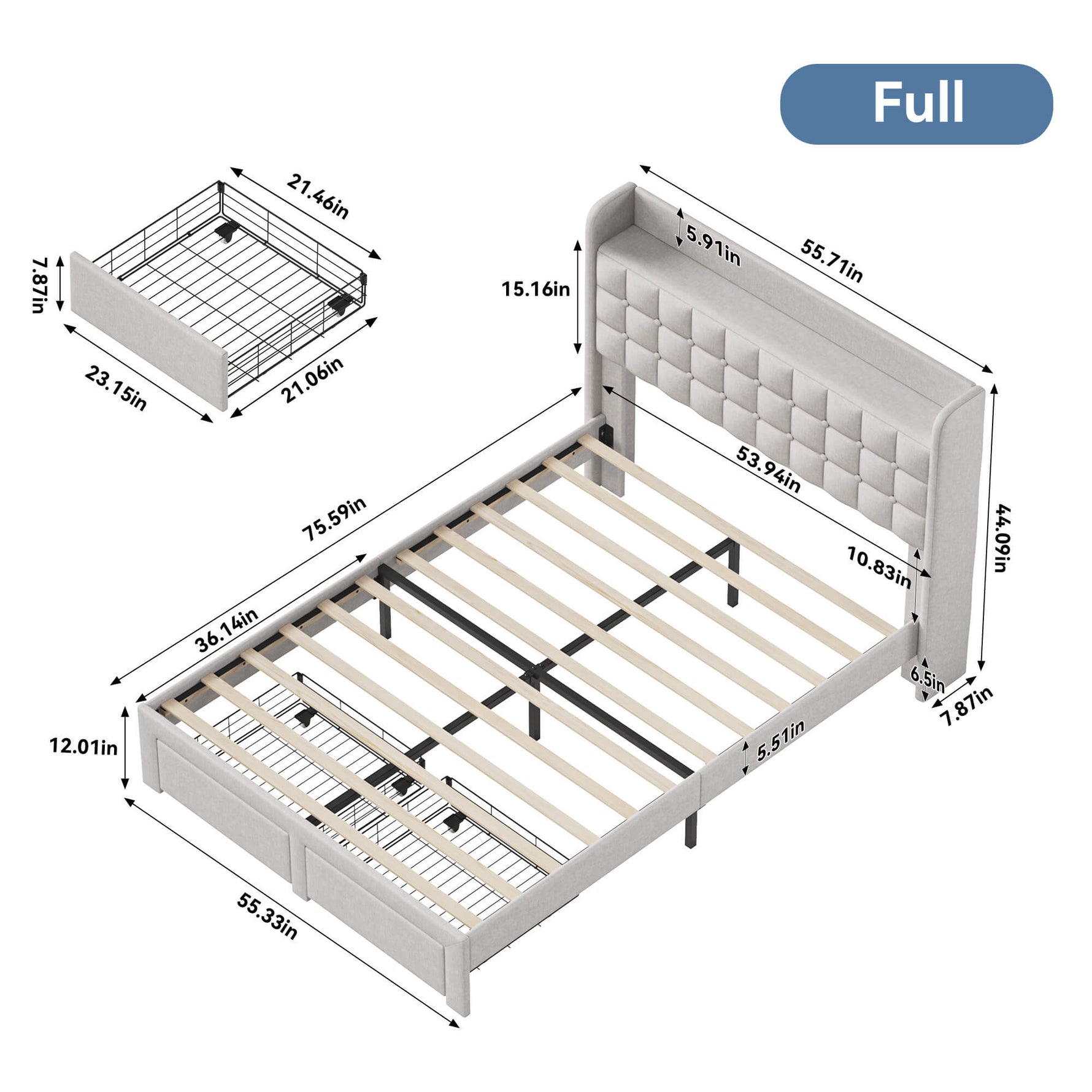 StockMAX Upholstered Heavy Duty Platform Bed Frame with Drawers