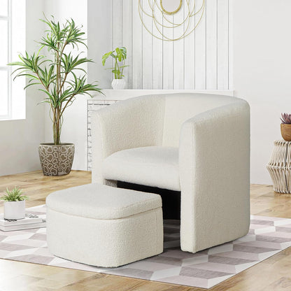 Upholstered Sherpa Barrel Accent Chair with Storage Ottoman H72