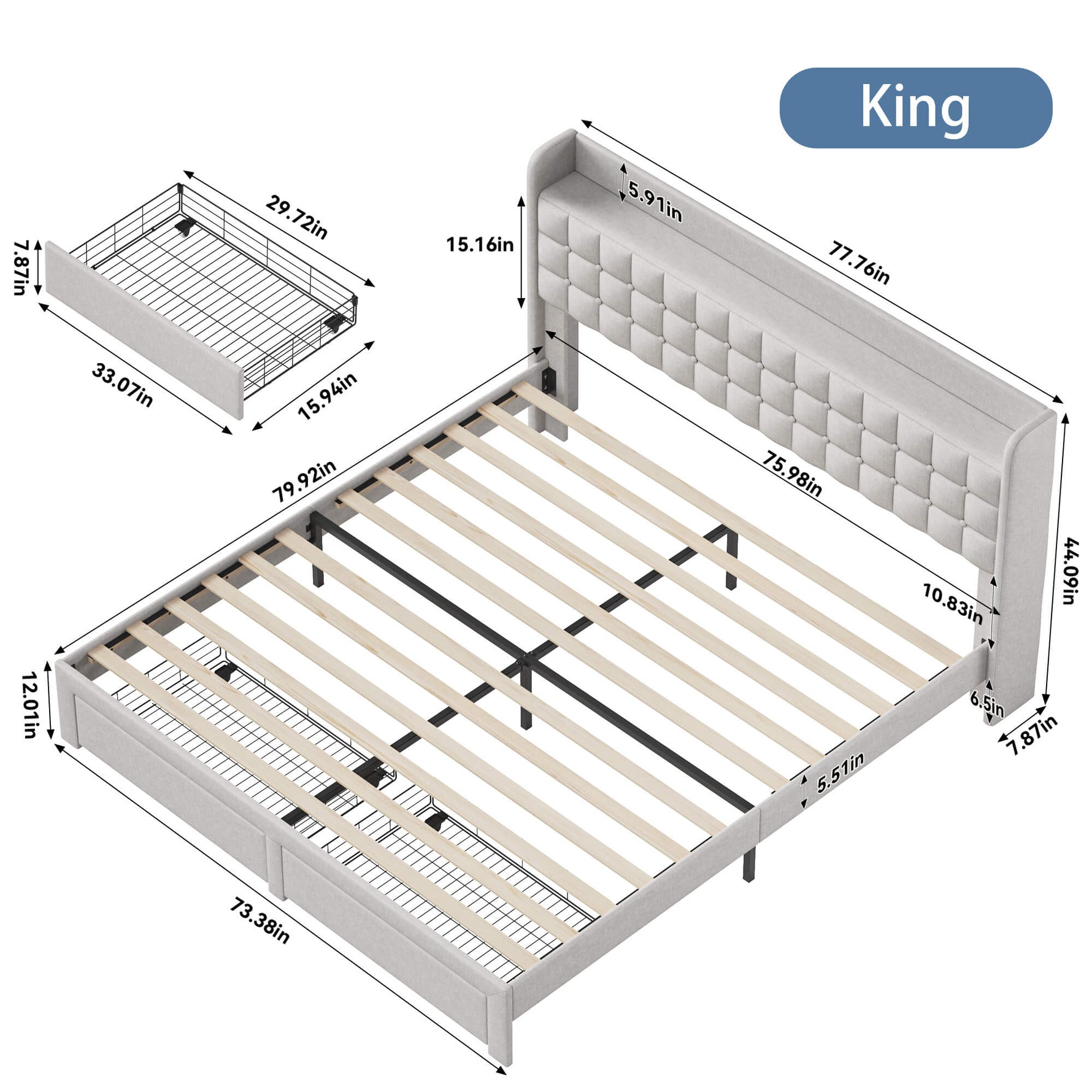 StockMAX Upholstered Heavy Duty Platform Bed Frame with Drawers