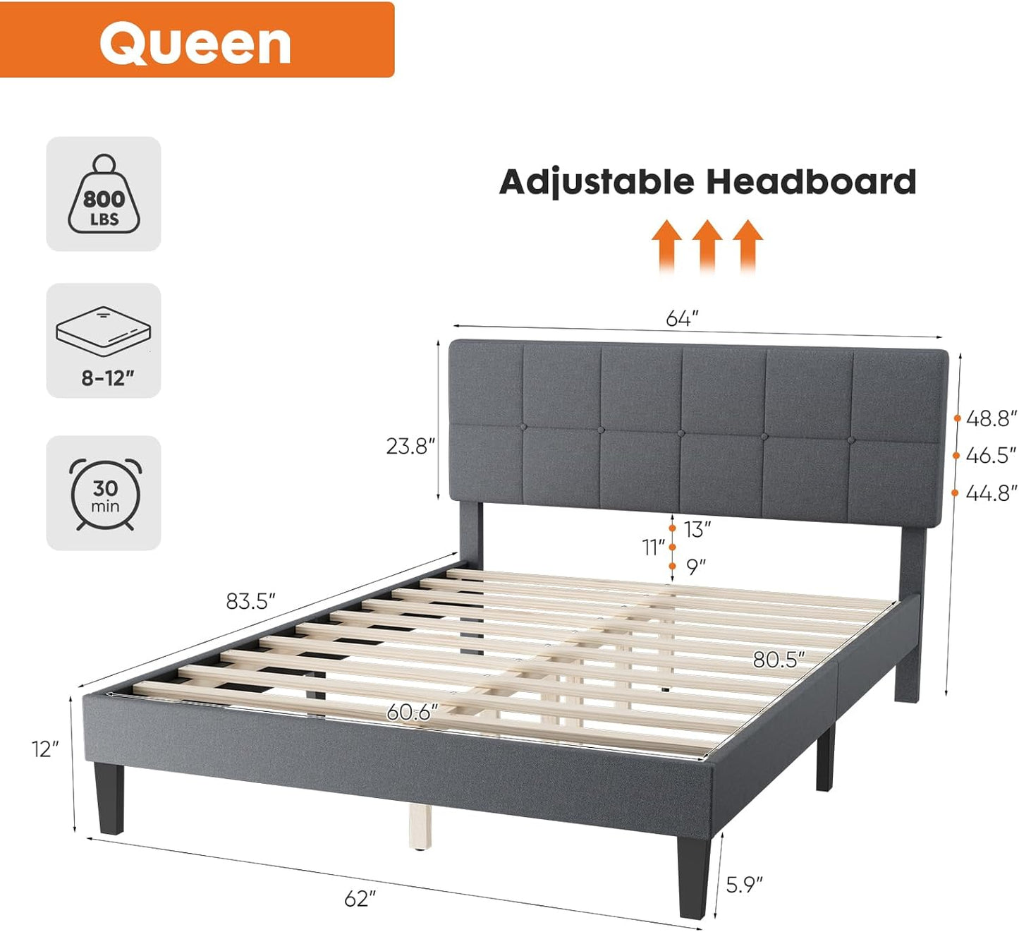 QUEEN Bed Frame with Headboard BF-114WQ