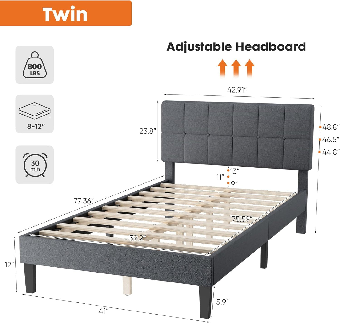 TWIN Bed Frame with Headboard BF-114WT